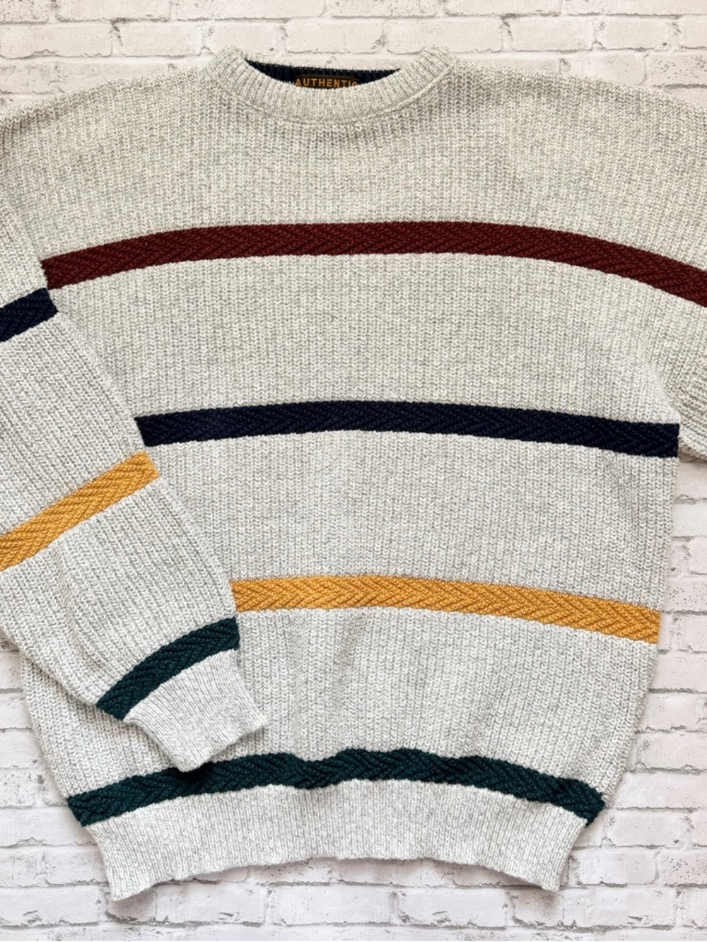 Vintage 90s Men’s Striped Knit Sweater with Multi-Color Bands